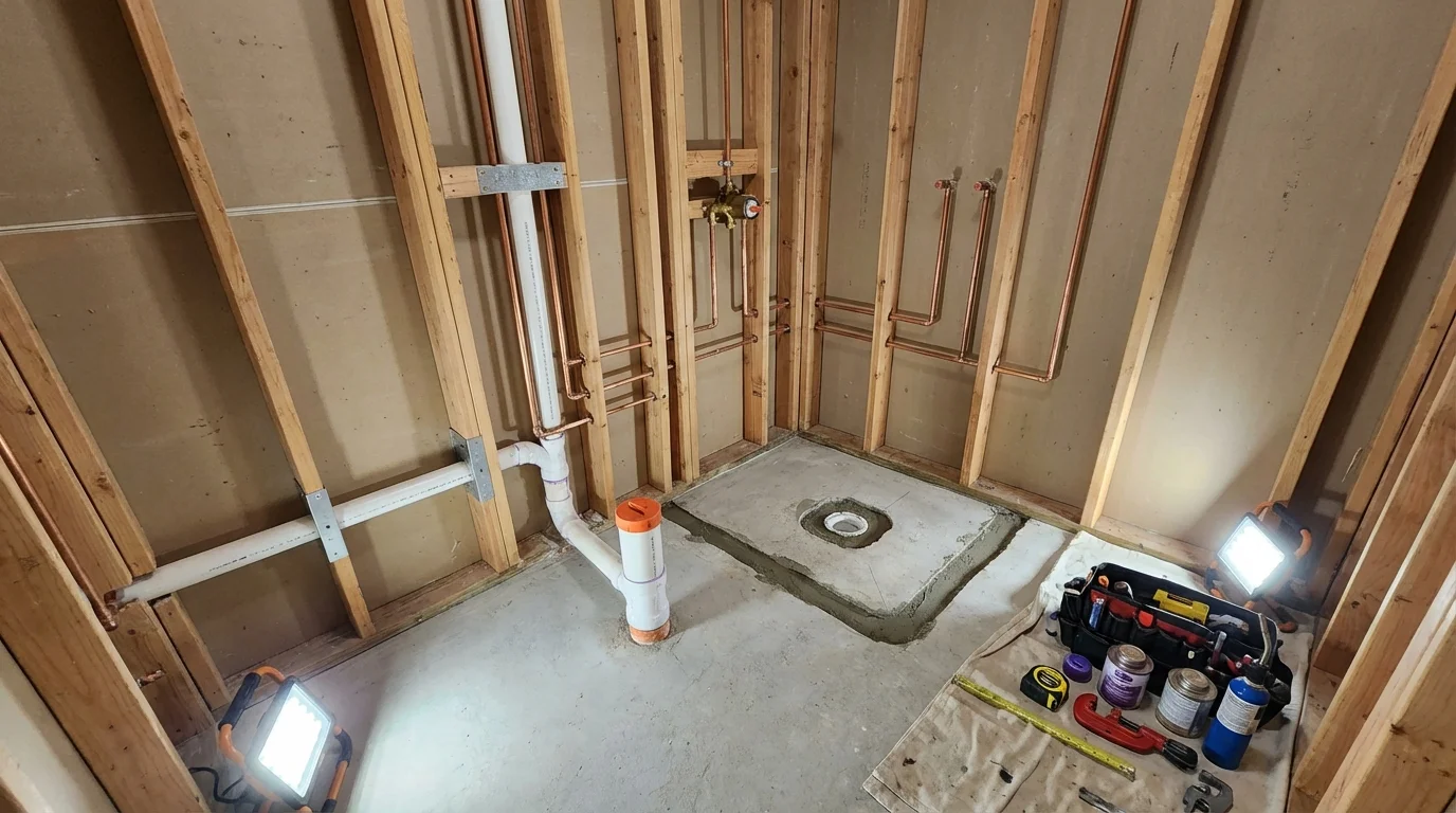Bathroom rough-in plumbing during remodel by Johns Plumbing LLC in Cave Spring
