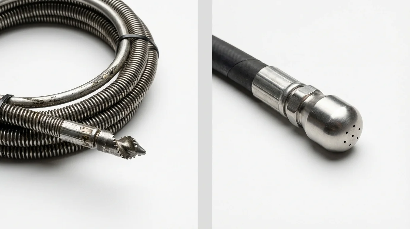 Drain snake cable and hydro jetting nozzle used for drain cleaning in Cave Spring, GA