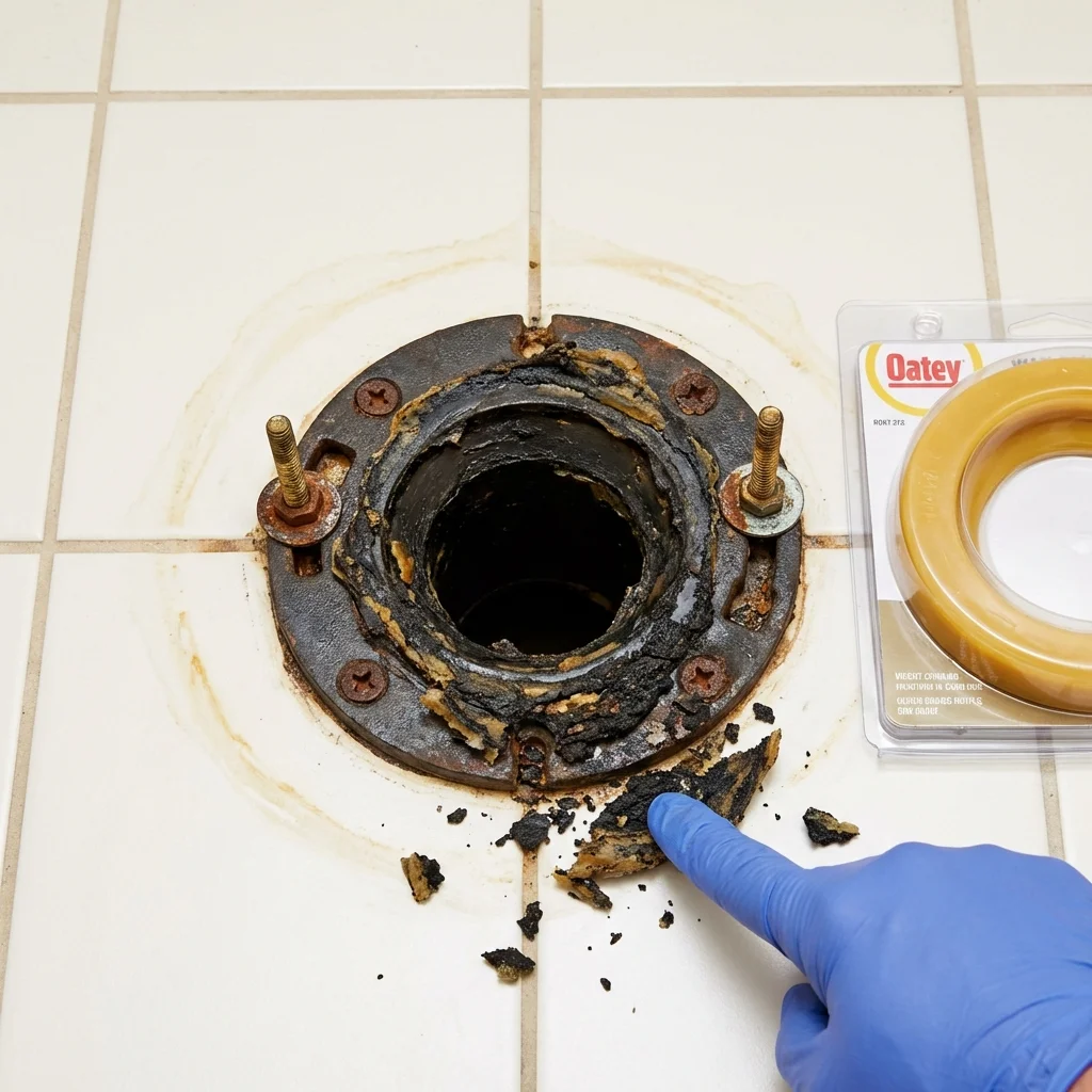 Failed wax ring showing water seepage at the base of a toilet in a Cave Spring, GA home